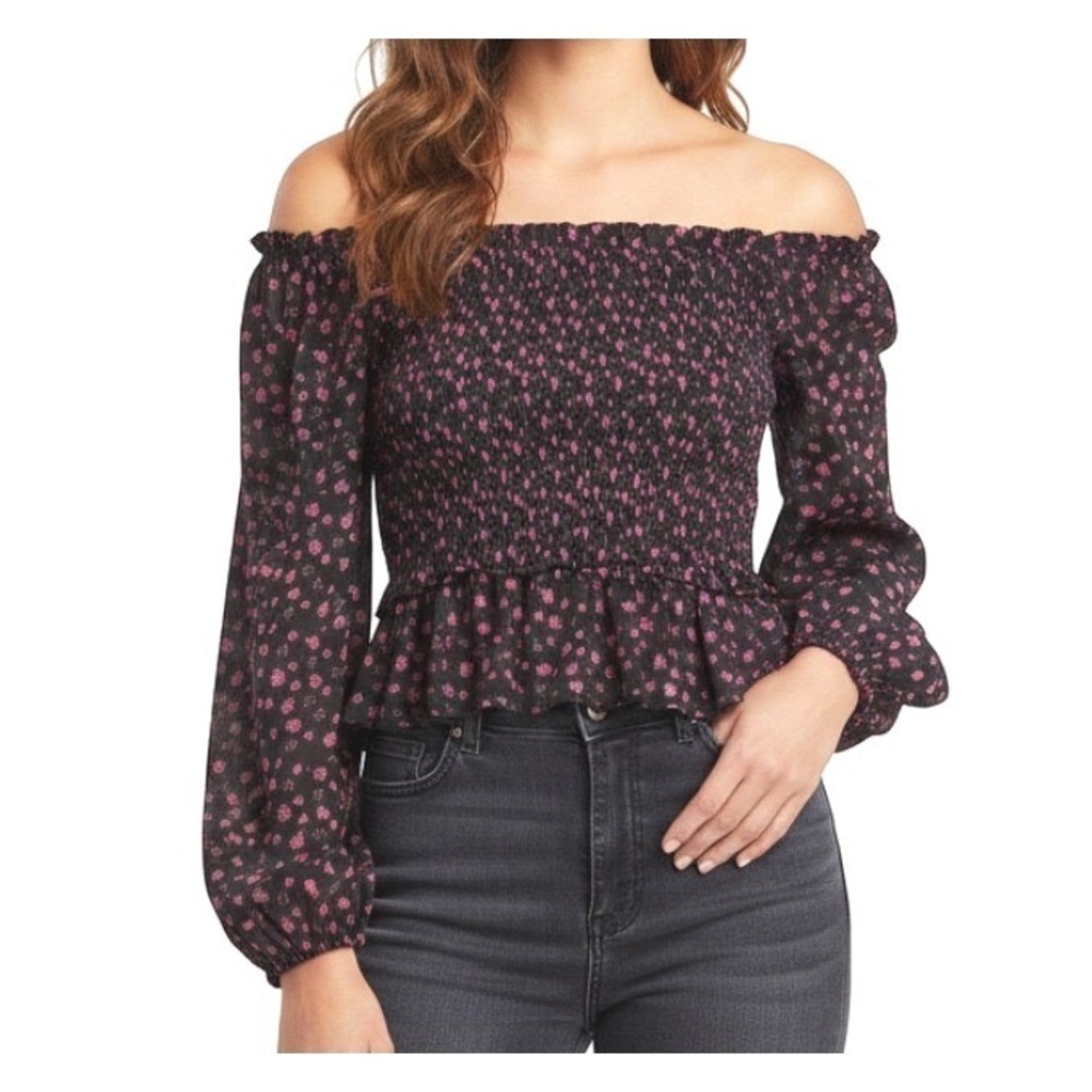 FRANCESCA'S Mi Ami BLACK/PINK Floral SMOCKED OFF-THE-SHOULDER Crop Peasant Top S